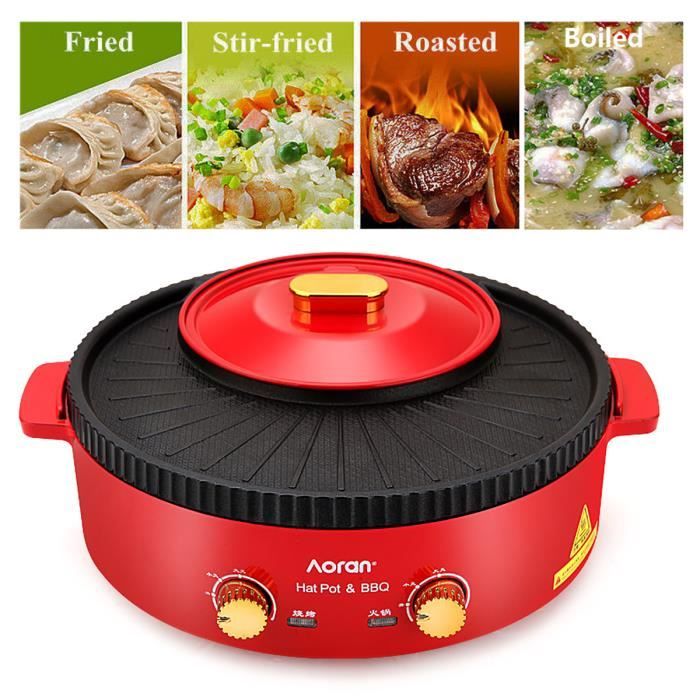 TEMPSA 1500W Grill Antiadhésive Electrique BBQ hot-pot Pot de Barbecue Coréen Double Usage ROUGE