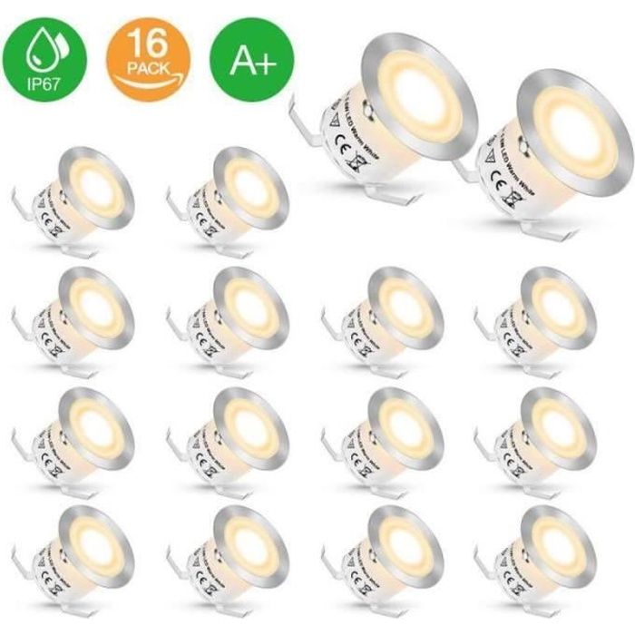 QN35895- 16 Pcs Spots LED Encastrables Extérieur Etanche IP67 pour Terrasse DC 12V Spot Extérieur Lampe de Sécurité Blanc Chaud