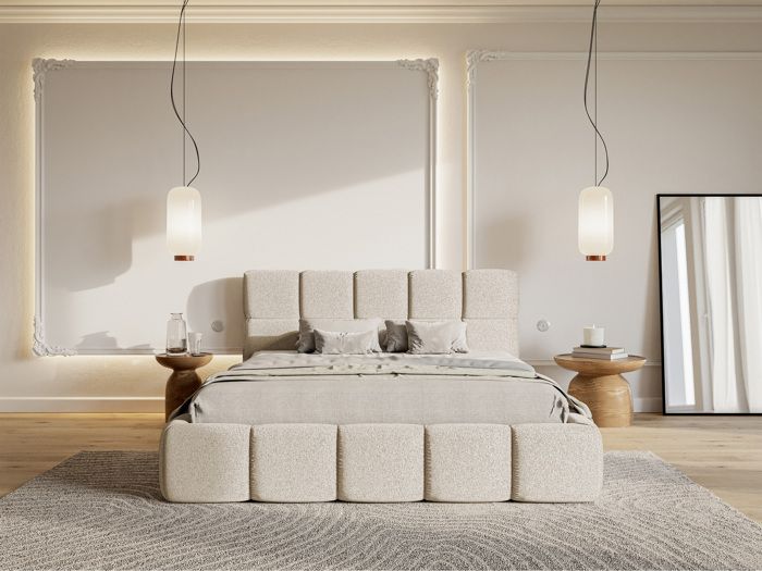Lit rembourré - CLOUDY - 160x200 cm - beige clair chenille hydrophobe Lit rembourré - CLOUDY - 160x200 cm - beige clair chenille hydrophobe