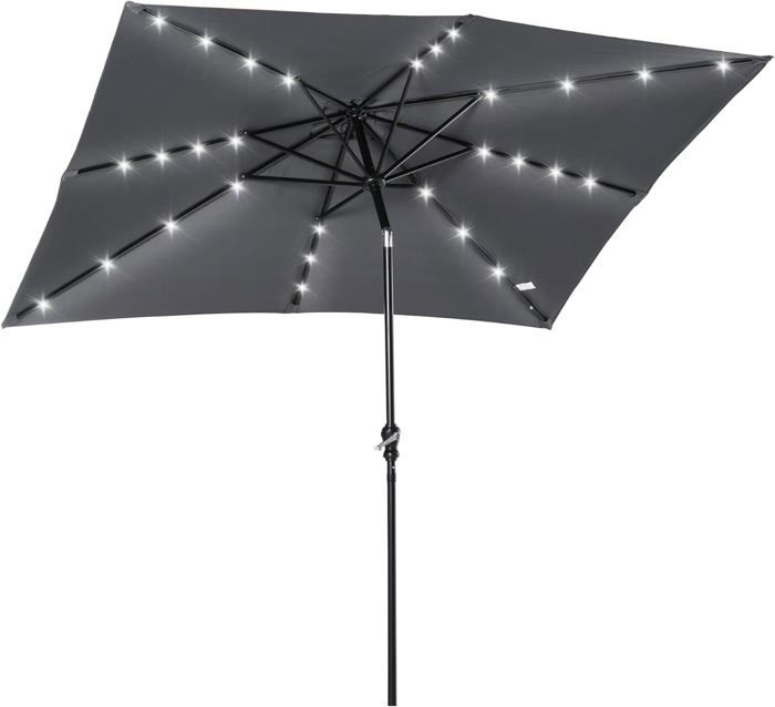 Gris Parasol 3 x 2 m lumineux rectangulaire inclinable parasol LED solaire acier polyester haute densité gris