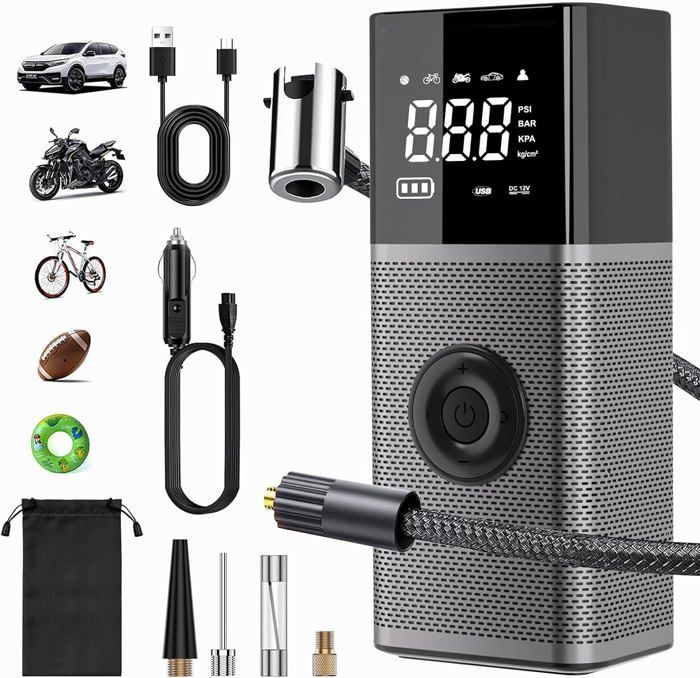 Compresseur D'Air Portatif 150PSI - Pompe à Air 10000mAh Sans Fil - Gonfleur Pneus Voiture, Vélo