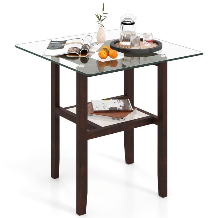 COSTWAY Table Basse en Verre Trempé à 2 Niveaux Cadre en Bois dHévéa Table Basse Salon Carrée de 61 cm our Chambre Bureau