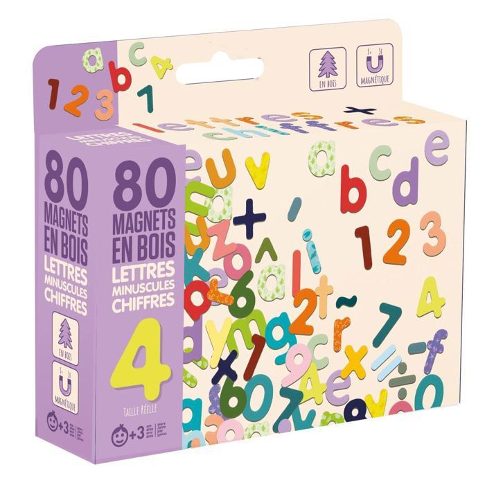 Jeujura Magnets Bois 80 Pièces – Lettres Minuscules, Chiffres, Signes, Aimants Robustes, Coffret 17x15x4 Cm, Fabriqué En France, Dès 3 Ans