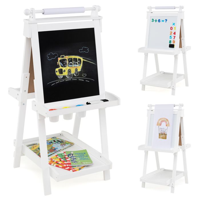 Tableau Enfants 4 En 1 Avec Tabouret - Tableau Blanc/noir Magnétique - Rangement Bacs Tissu - Thème Renard - 12