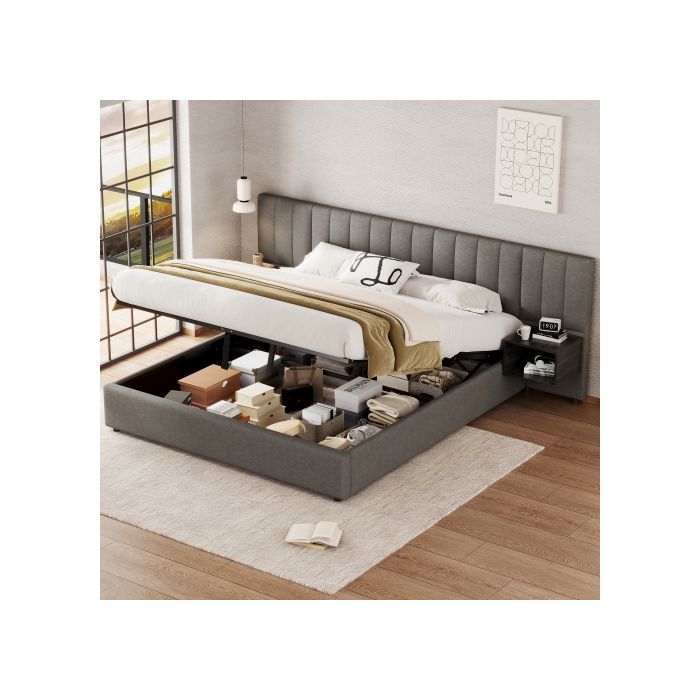 Lit Coffre - SOGEU - Lit Coffre 180x200 - Tissu lin gris - Rangement hydraulique - 2 tables de chevet bois noir