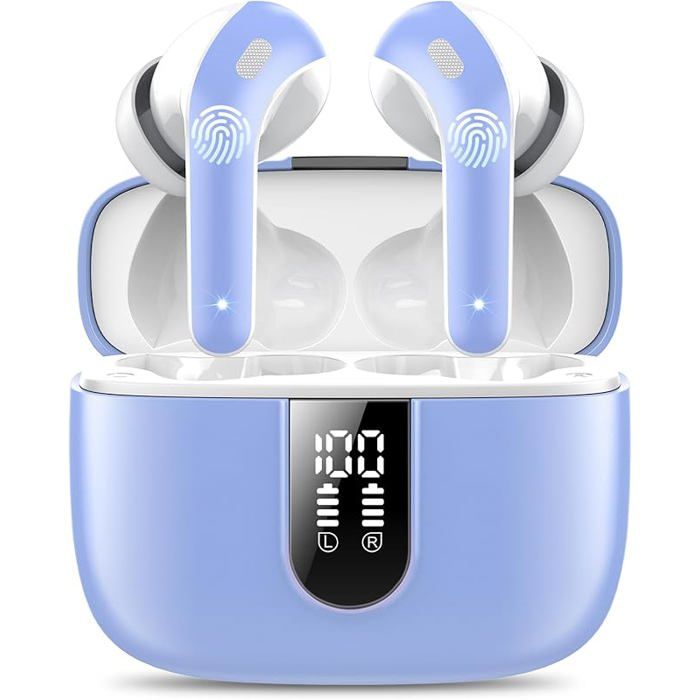 Écouteurs Bluetooth 5.3 Sans Fil - 50H Autonomie, Contrôle Tactile, 4 ENC Anti-Bruit, Basses Profondes, IPX7 Étanche, Affichage LED, Sport & Appels