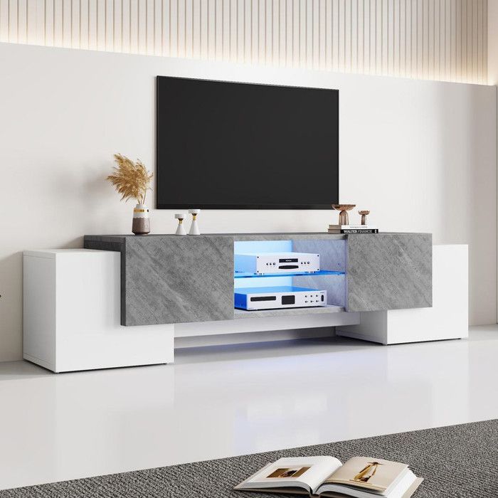 Meuble TV blanc et gris 180x40x465 cm avec LED Bluetooth commode TV lowboard adapté aux avec téléviseurs 60/65/70 pouces