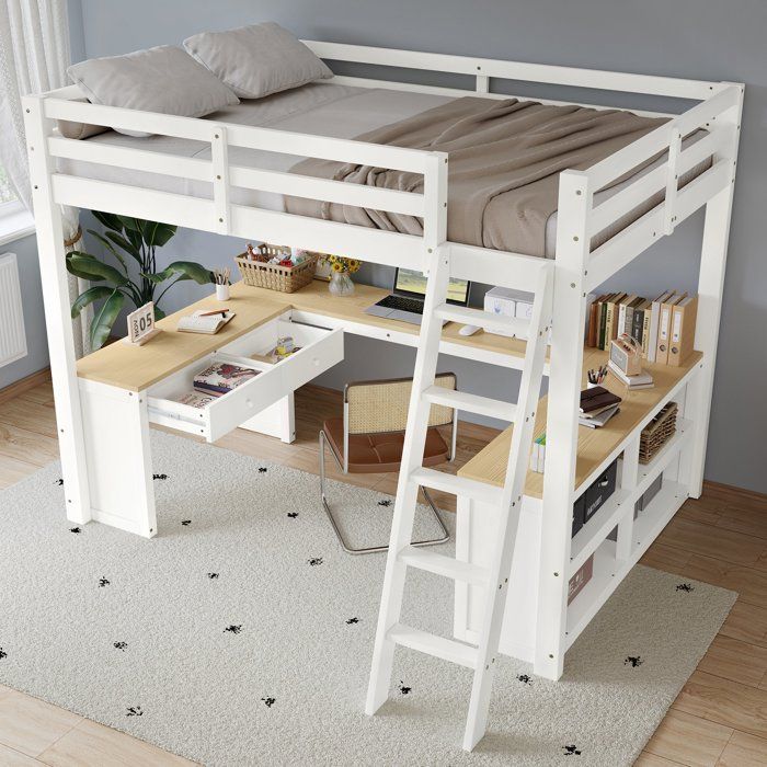 Lit Mezzanine Enfant - MERAX - 140x200 - Bureau en U - 2 Tiroirs - Échelle 5 Marches