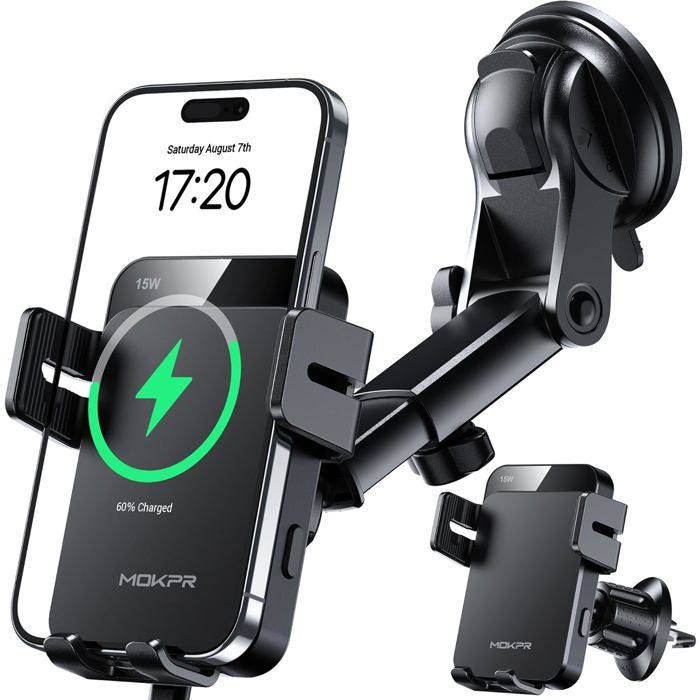 Support Voiture Magnétique Avec Charge Sans Fil 15W - Ouverture Automatique - Clip Aération