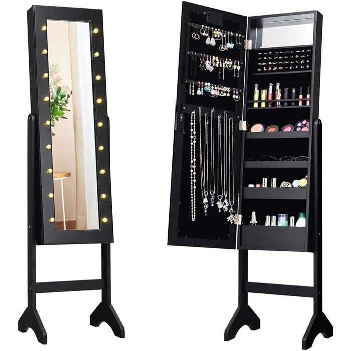 Armoire à Bijoux sur Pied GIANTEX - Miroir Plein Longueur & Lumières LED - Verrouillable Noir