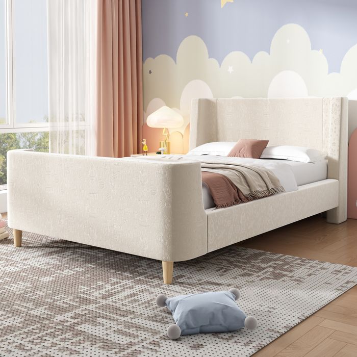 Lit enfant traîneau en velours beige 90 x 200 cm avec motif spatial