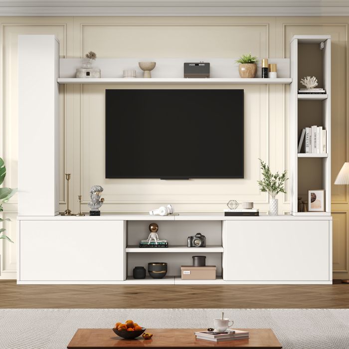Ensemble meuble TV mural et sur pied blanc avec rangements et étagère