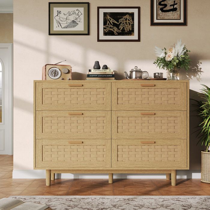MSUIINT Commode 6 tiroirs en cannage rangement vertical compact plateau supérieur pieds bois dispositif anti-basculement