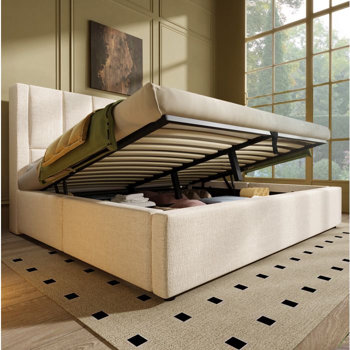 ULEVR sommier coffre 160 x 200 cm beige à lattes avec tête de lit porte-gobelets et charge USB-C
