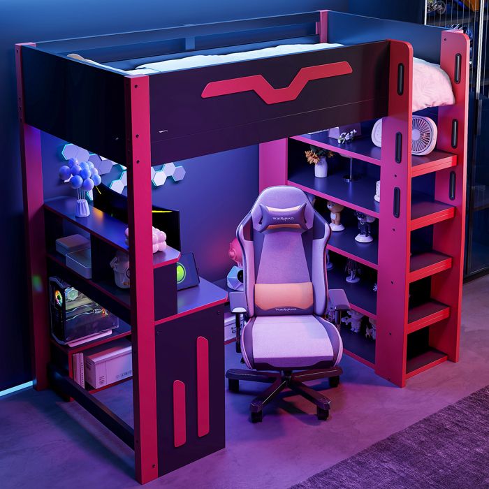 Lit mezzanine en bois 90 x 200 cm avec bureau éclairage LED et escalier de rangement noir + rouge (chaise gaming non incluse)