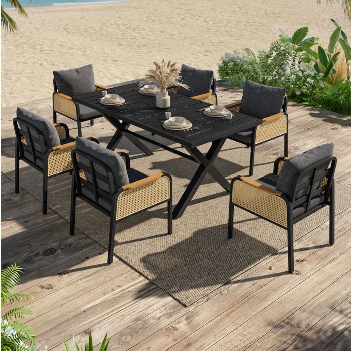 Ensemble repas table de jardin 6 personnes avec 1 table et 6 chaises en fer et PE noir naturel