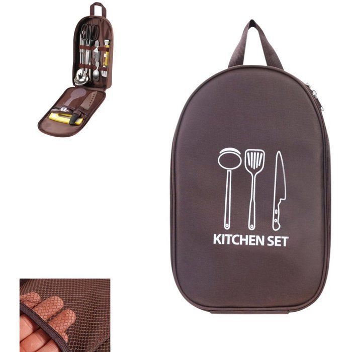 Sac de rangement couverts portable forme pochette marron café camping barbecue pique-nique cuisine nomade
