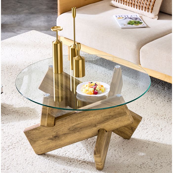 Table Basse Ronde avec Plateau en Verre Trempe 08 cm et Structure Croisee en MDF Decor Bois Transparent - UVRION