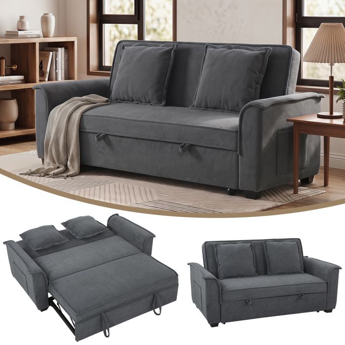 HOMCOM Canap&eacute; Convertible 2 Places 2 Coussins Chenille Gris Fonc&eacute;