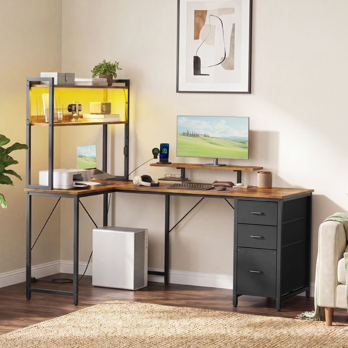 Bureau Gaming dAngle Réversible avec LED et Ports USB Table Étagères Support dÉcran 3 Tiroirs 160 x 100 cm Marron Rustique Bureau Gaming dAngle Réversible avec LED et Ports USB Table Étagères Support dÉcran 3 Tiroirs 160 x 100 cm Marron Rustique