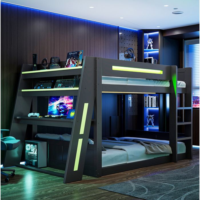 Lit superposé gaming 140 x 200 cm en pin et MDF avec bureau 2 étagères USB et LED noir et vert