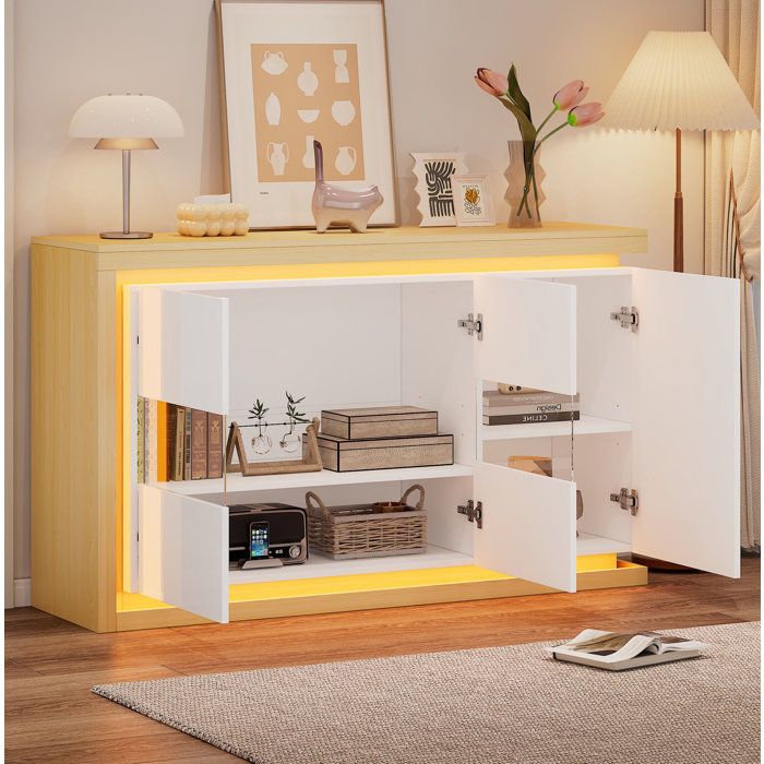 Buffet bas 140 x 40 x 84 cm à 3 portes avec LED télécommandée 2 portes en verre trempé blanc brillant
