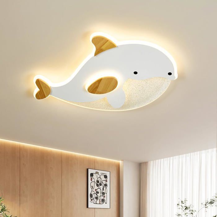 Plafonnier Chambre Enfant Forme Dauphin Plafonnier Led Grain Blanc Et De Bois Cuisine Lampe Dimmable Avec ContrôLe 28W Decoration