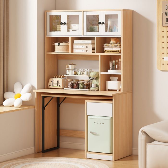 Secrétaire Bureau Avec Rangement Plateau Pivotant 4 Portes En Acrylique 1 Tiroir MDF Blanc Et Naturel 110 x 55 x 180 cm