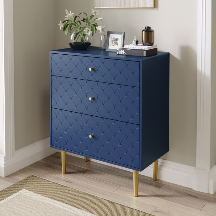 WUVRIE Commode 3 tiroirs bleu marine à motif écailles 75 x 40 x 89 cm pieds métalliques hauts