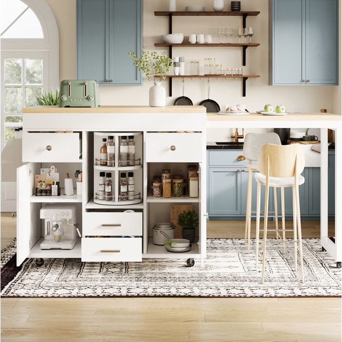 Desserte de cuisine extensible avec 4 tiroirs 2 portes et organiseur rotatif 360° - ELVMI - MDF blanc 110-180×40×91 cm