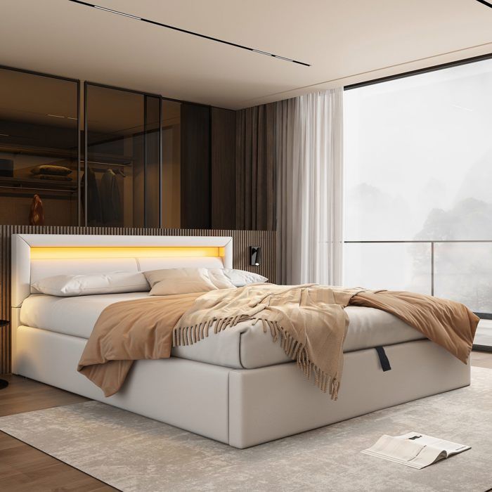 Lit double 140x200 cm en simili cuir blanc avec tête de lit led multicolore sommier à lattes et coffre de rangement