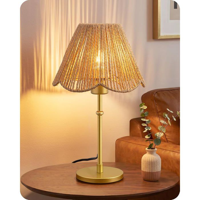 Lampe Table E27 Abat-Jour Corde Papier Socle Métal Doré[EC121]