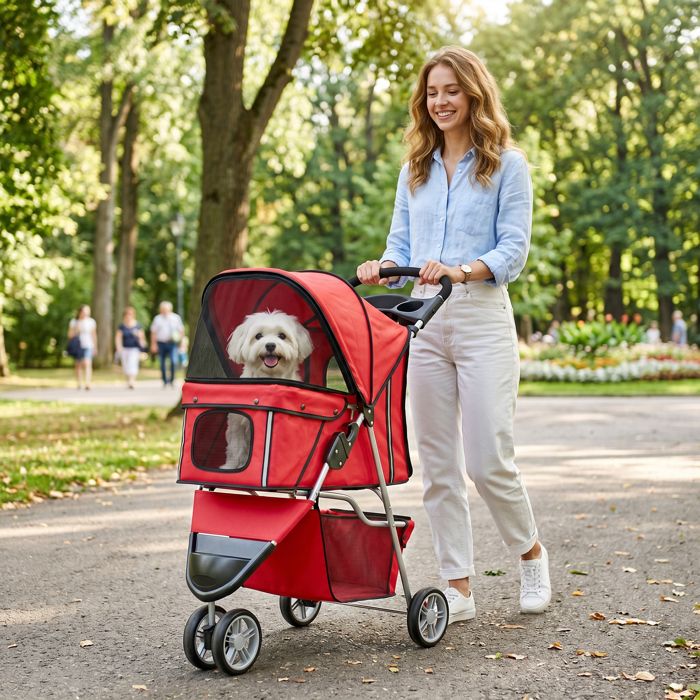 Poussette pour Chien 4 Roues Chariot Pliable avec Auvent Réglable Panier de Rangement 77x44x102cm Rouge