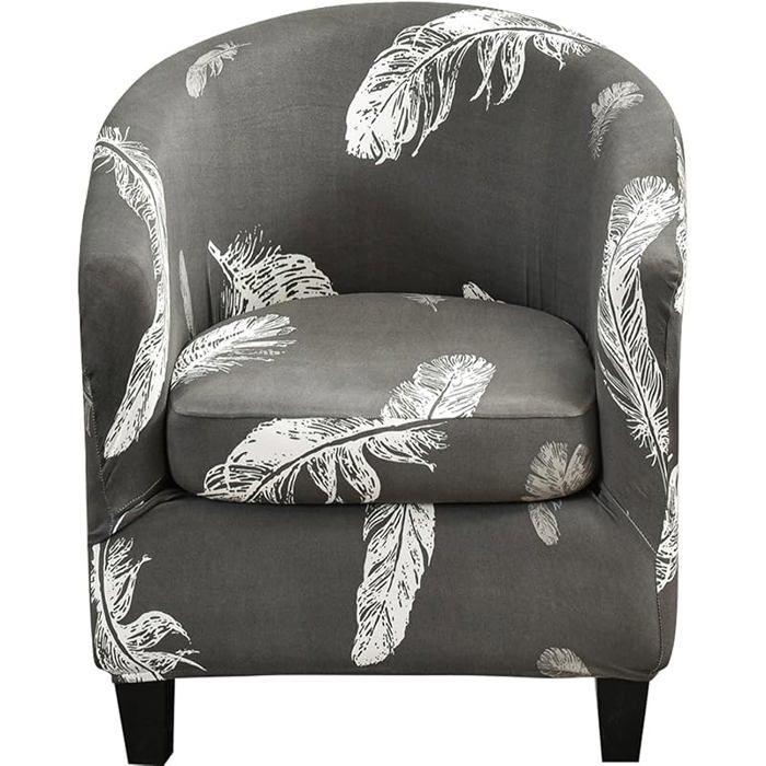 Housse Fauteuil Cabriolet Extensible Gris Foncé Motif Plumes Blanches 2 Pièces avec Coussin Déco Salon Élégan HOUSSE DE FAUTEUIL