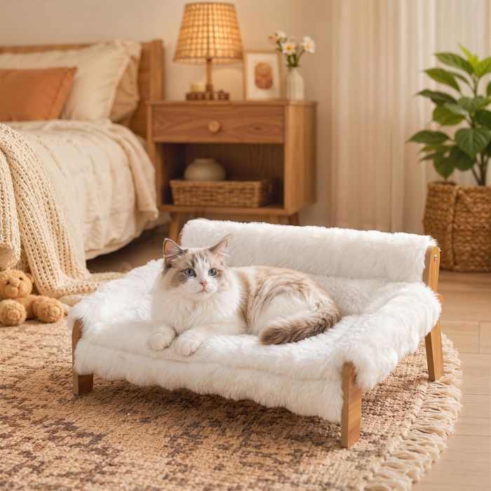 Canapé pour Chien Chat Lit Surélevé en Bois Coussin Amovible en Peluche Pieds Antidérapants 70 x 47 x 30 cm Blanc