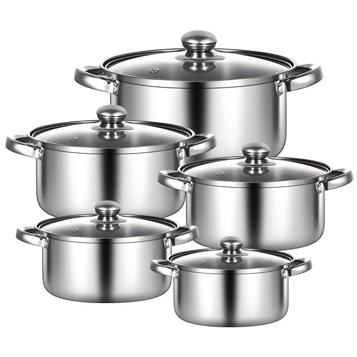 Batterie de cuisine 10 pièces en acier inoxydable avec couvercle en verre comprenant une poêle une casserole et un saucisson.