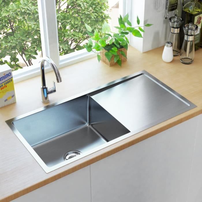 Évier de cuisine - AKOZON - Rectangulaire - Acier inoxydable fait main - 1 bac - 44 cm de profondeur