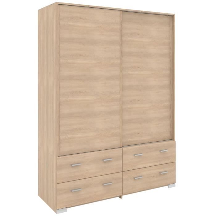 Jupiter Chene Armoire 2 Portes Coulissantes 4 Tiroirs Marron