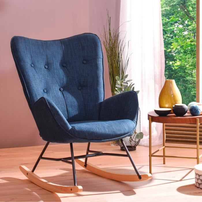 meubles cosy fauteuil à bascule chaise loisir et repos tissus bleu foncé pour le salon salle à manger pieds e' bois métal
