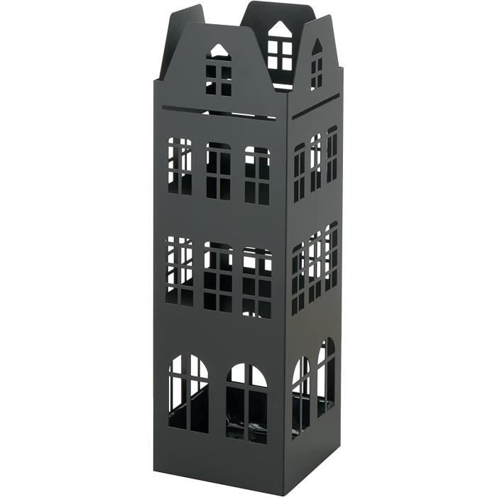 Porte-parapluies Métal Moderne - 2 Crochets, 2 Bacs Récupération Eau - 15.5x15.5x49 Cm - Noir - Pour Maison/bureau