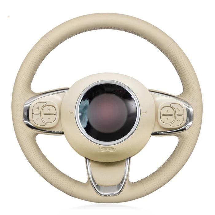 Fil blanc - Housse de volant de voiture, en cuir artificiel Beige, cousue à la main, pour Fiat 500 2015 2021