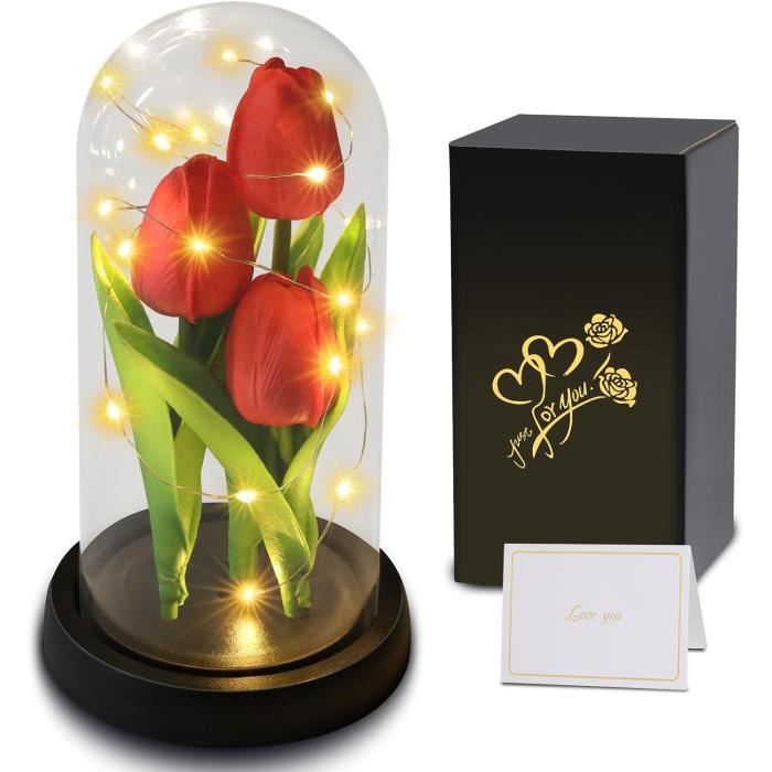 Tournesols Préservés Sous Cloche En Verre – 2 Fleurs, Durée 5 Ans, Avec Base Bois Et LED, Cadeau Romantique