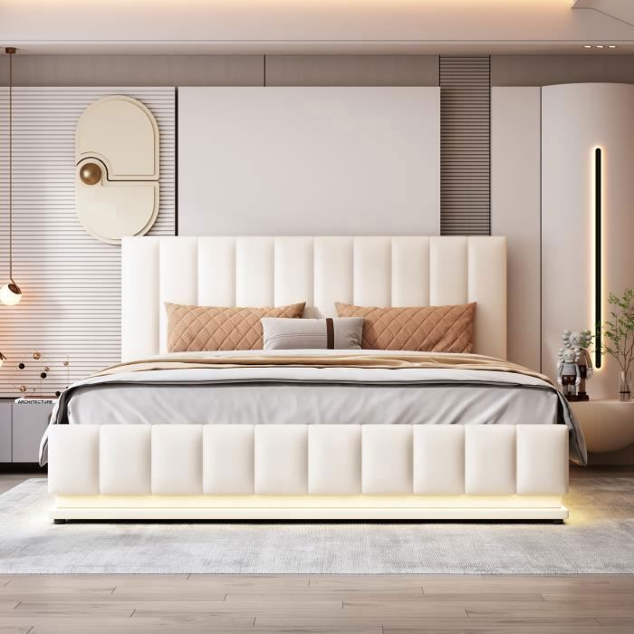 lit capitonné 160 x 200 cm avec led - sommier à lattes & tête de lit réglable en hauteur & rangement - blanc