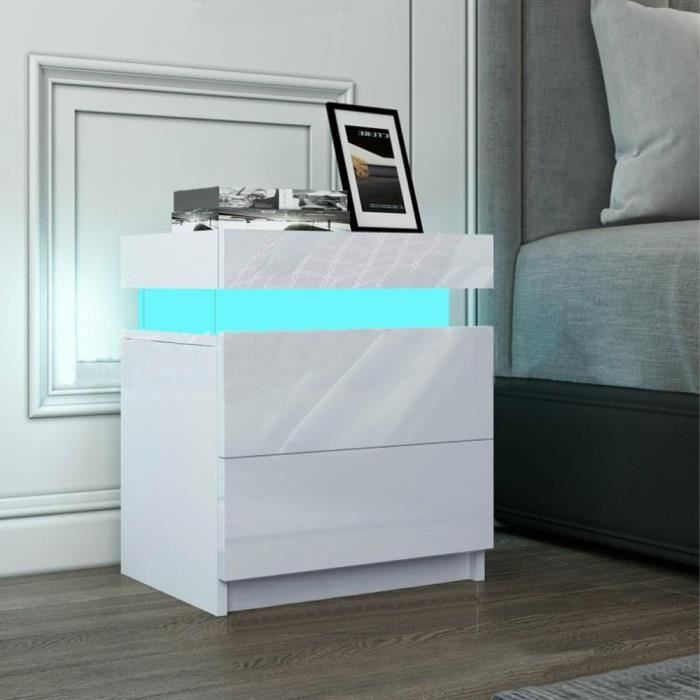 Commode Convenant à Chambre à Coucher Table de Nuit avec 2 tiroirs Geepro Table de Chevet à LED Blanche 60x39x45cm