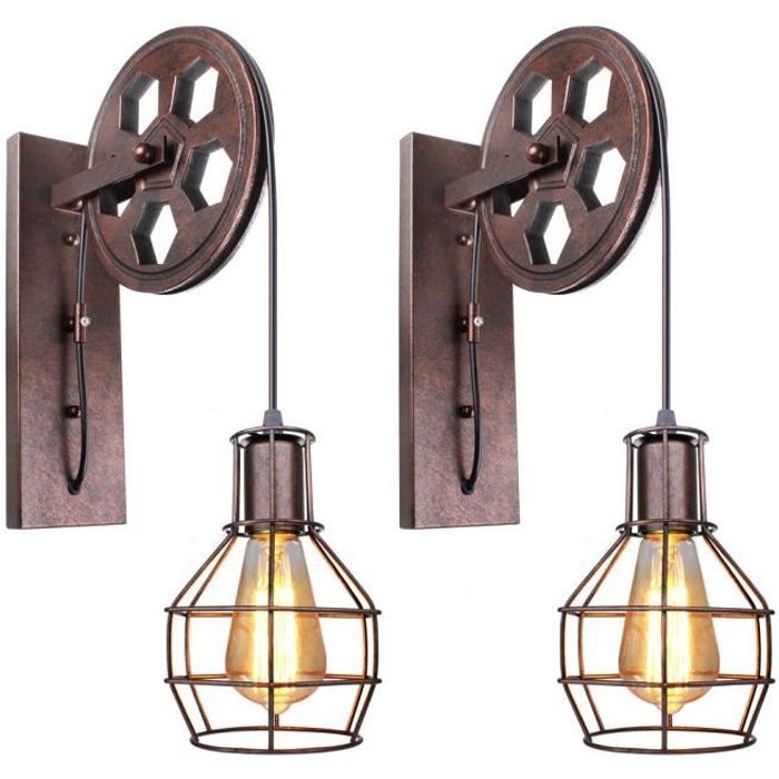 UNI Applique Murale Intérieur Vintage Rétro Lampe Poulie Rouille 2pcs