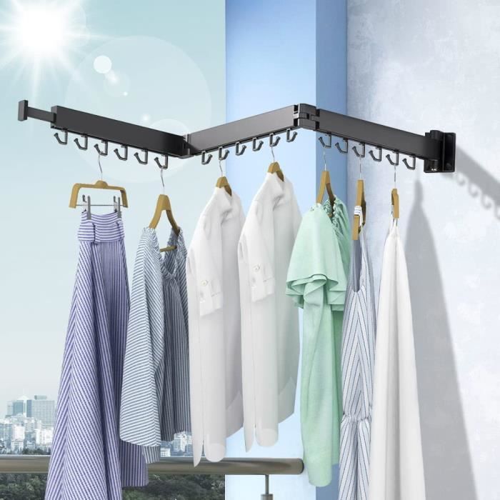 Kocusu Séchoir à Linge Mural Rétractable 126 Cm – Ventouses Puissantes, Pliable 3 Positions + 15 Crochets Anti-Vent – Balcon, Salle De Bain, Camping-Car