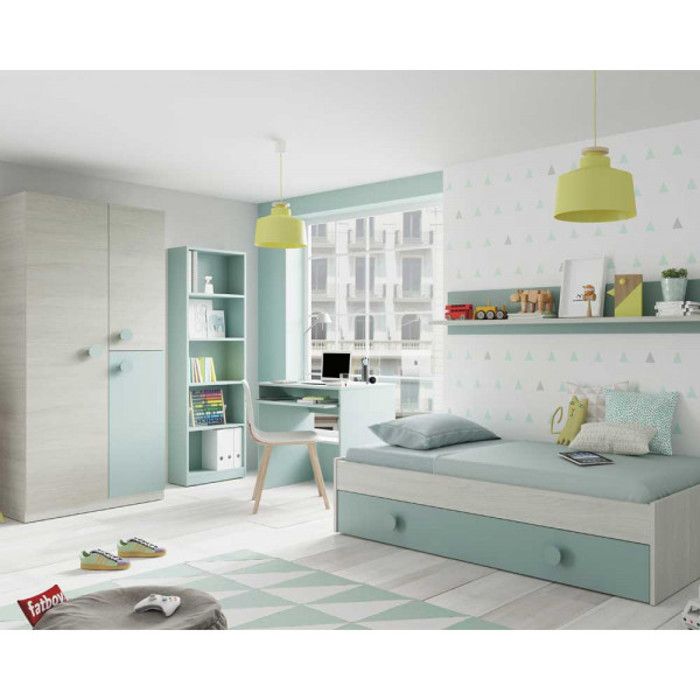 Chambre Enfant Complete Bois Blanchi Vert Monterey Bleu Bois Lit L 1 X L 98 X H 43 Cm Etagere L 180 X L 19 X H 22 5 Cdiscount Maison