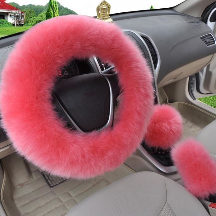 WenMei Ensemble de 4 Housses Volant Moelleuses Avec Housse Frein à Main Housse Changement Vitesse Porte-clés Peluche Housse de Volant en Fourrure,Protection de Roue de Voiture Chaude,14,96 Vin Rouge 
