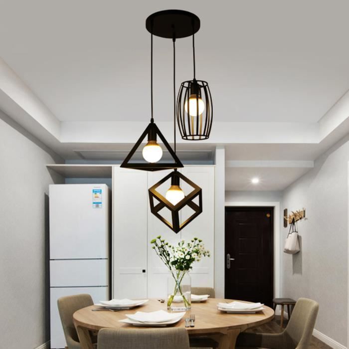 Lustre Plafonnier en Métal Industriel Personnalité Suspension Luminaire en Forme de Géométrie Noir