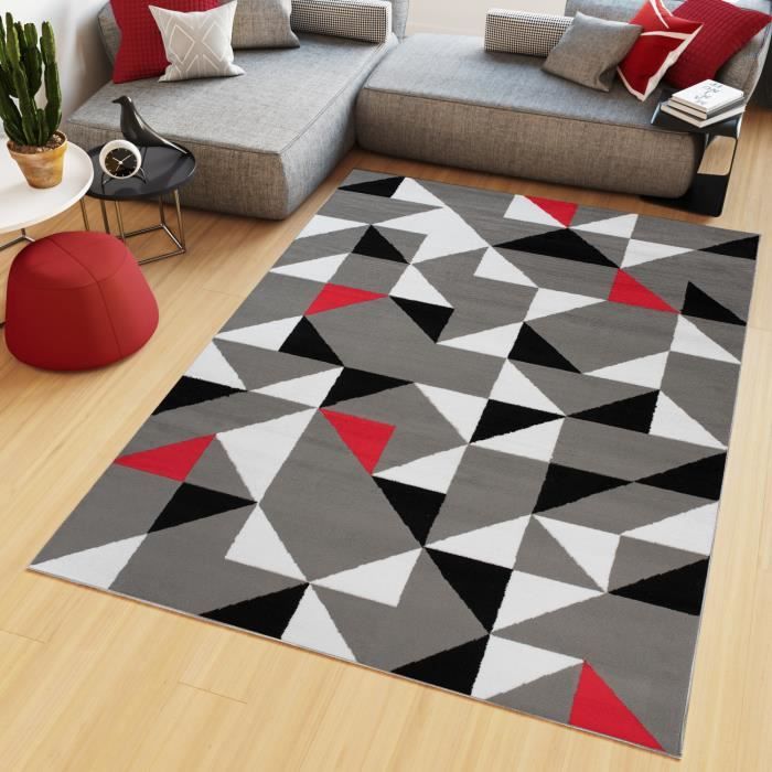 Tapiso Maya Tapis Salon Chambre Ado Moderne Triangle Rouge Gris